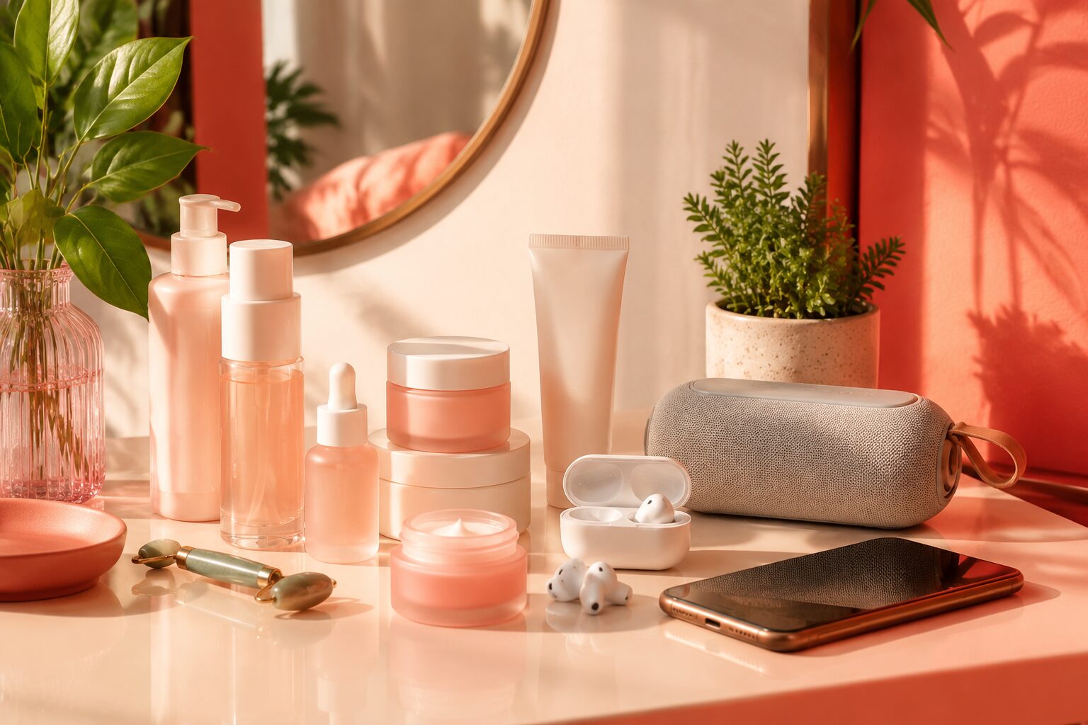 About Glow Lab Skincare and technology products in a vivid Glow Lab setting